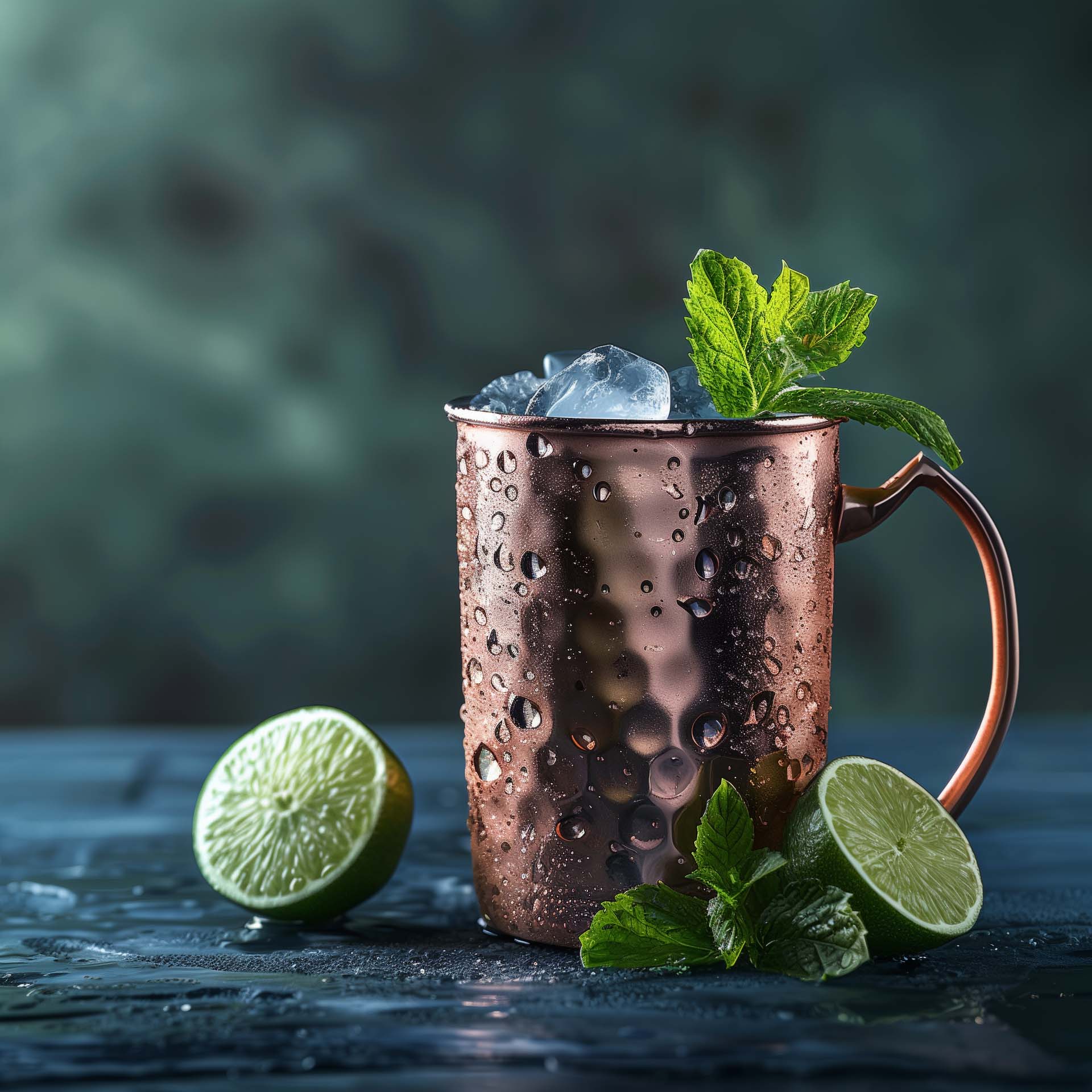 Ein Moscow Mule Cocktail im ikonischen Kupferbecher.