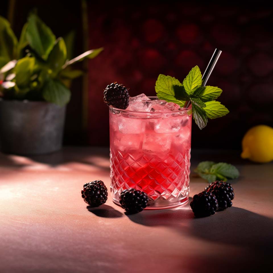 Ein Bramble Cocktail aus Gin, Crème de Mûre, Zitronensaft, Zuckersirup und Brombeeren.