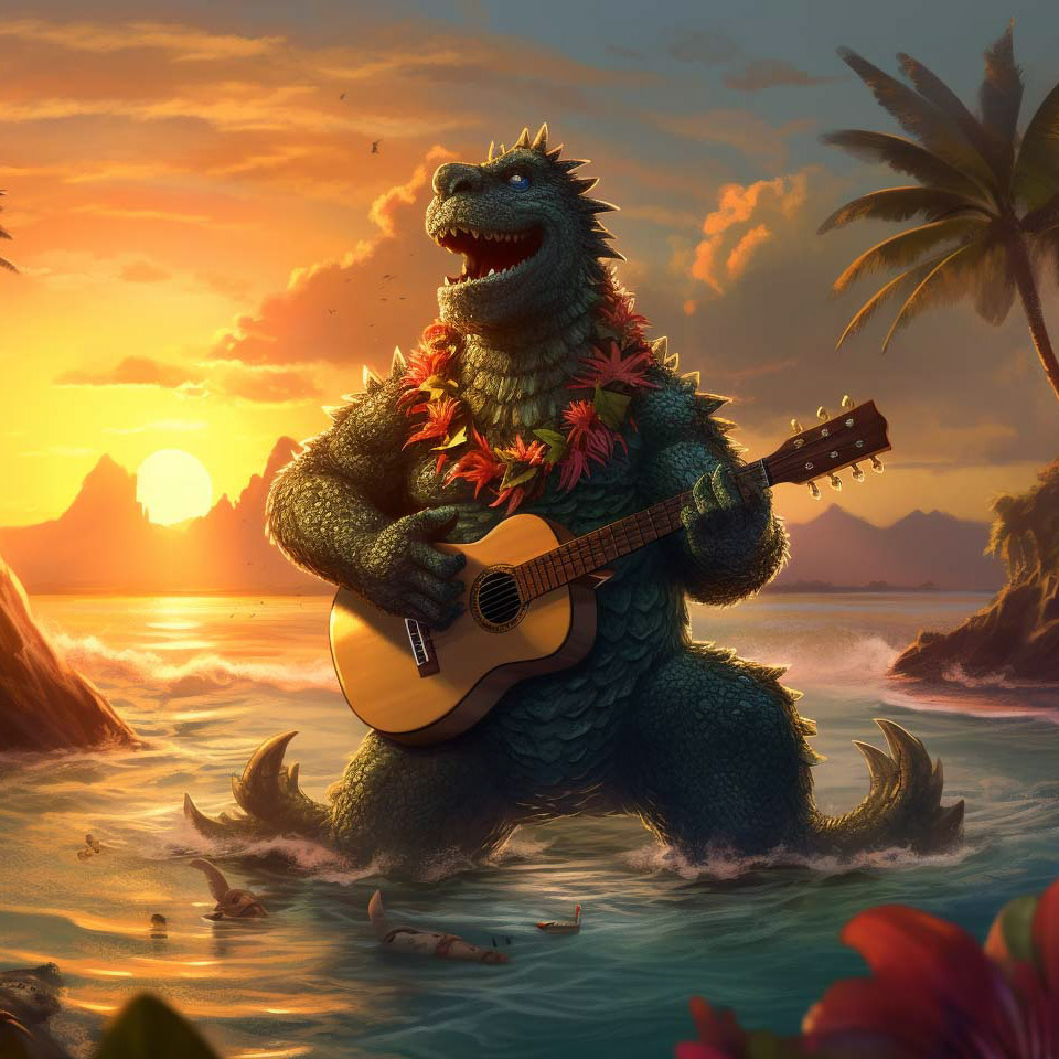 Godzilla lädt zum Luau mit tropischen Tiki-Drinks.