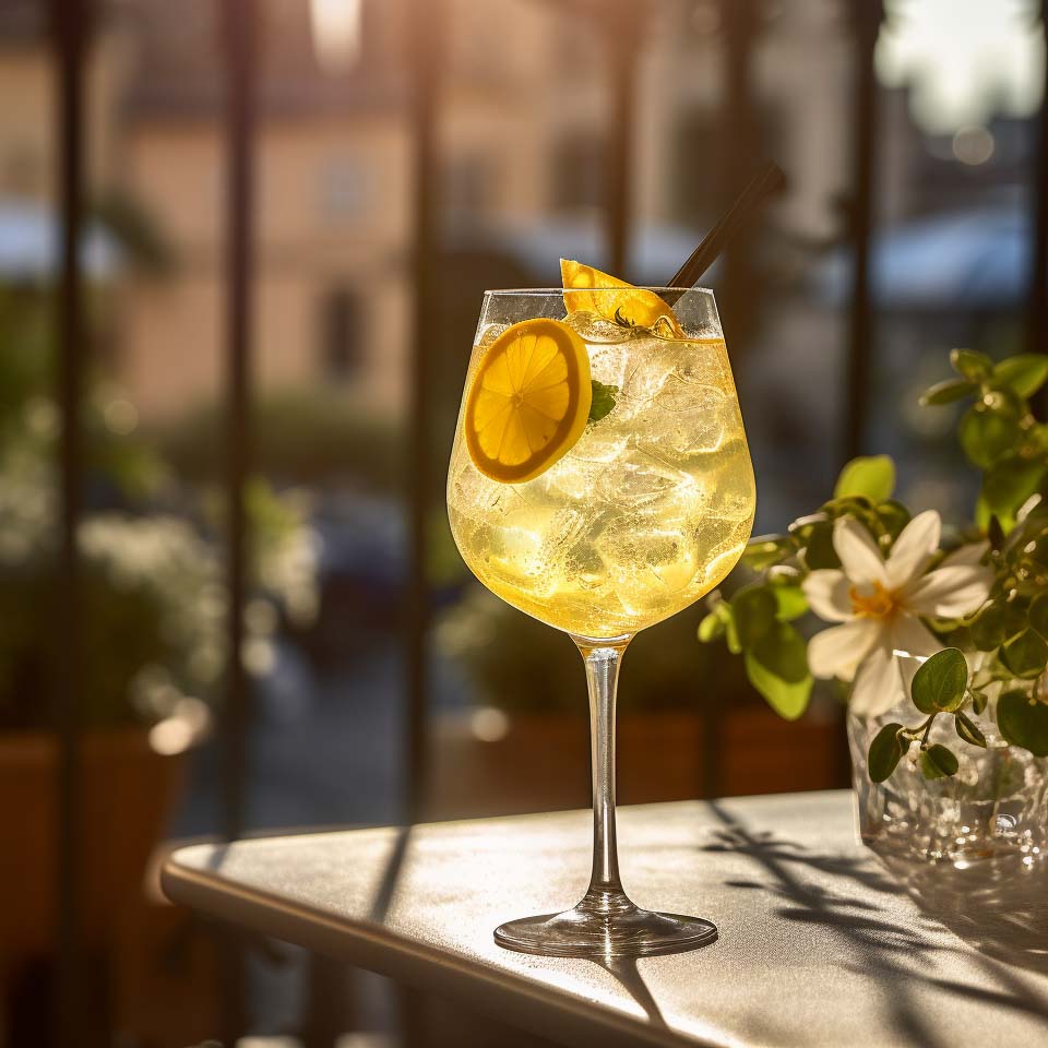 Ein Limoncello Spritz aus Schaumwein, Mineralwasser und natürlich Limoncello.