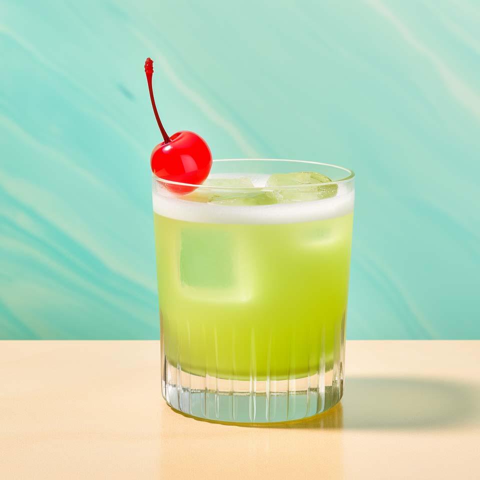 Ein Midori Sour mit Midori-Likör, Limettensaft, Zitronensaft und Soda.