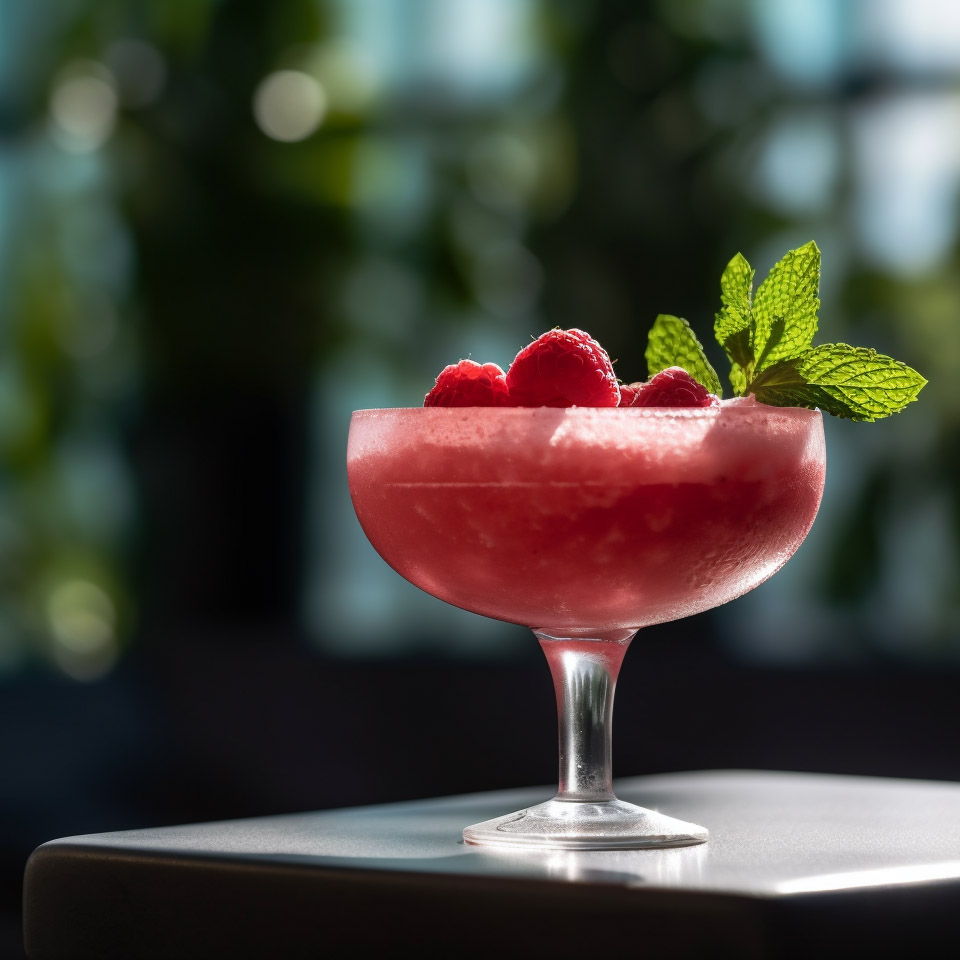 Ein Frosé-Cocktail, in einem Coupette-Glas.